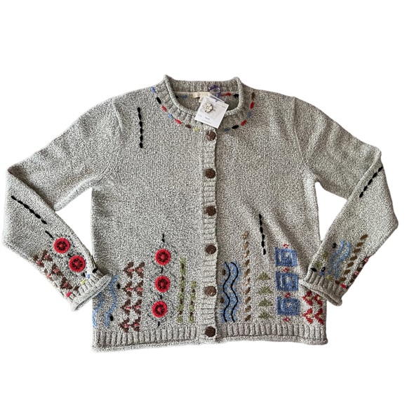 Carson Cardigan Cream Tan Sweater Beaded Embroidery Geometric Floral Design - Picture 1 of 10